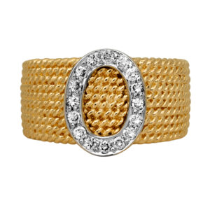 Vintage 14k yellow and white gold "O" mesh ring set with 0.24 carats of round brilliant earth-mined diamonds.