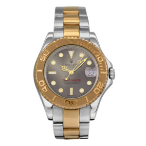 Pre-owned Rolex Yacht-Master watch, 35mm in 18k yellow gold and stainless steel with a gray dial, 18k yellow gold bezel, sapphire crystal, Oyster bracelet, fliplock clasp, and automatic movement.