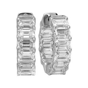 New 14k white gold hoop earrings set with 3.13 carats of emerald cut lab-grown diamonds.