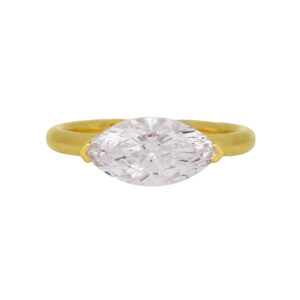New 14k yellow gold solitaire engagement ring set with a 2.15 carat marquise lab-grown diamond.