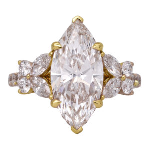 New 18k yellow gold under-halo engagement ring set with a 3.64 carat lab-grown marquise diamond plus 0.73 carats of round brilliant and marquise lab-grown diamonds in the under-halo & band.