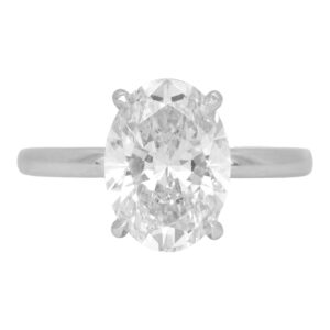New 14k white gold solitaire engagement ring set with a 3.02 carat oval lab-grown diamond.