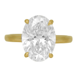 New 14k yellow gold solitaire engagement ring set with a 4.03 carat oval cut lab-grown diamond.