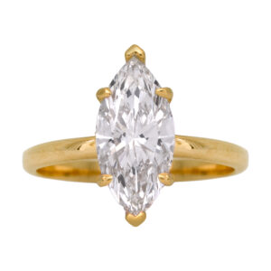 New 14k yellow gold solitaire engagement ring set with a 2.03 carat marquise lab-grown diamond.