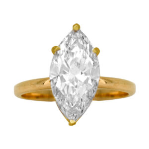 New 14k yellow gold solitaire engagement ring set with a 4.04 carat lab-grown marquise diamond.