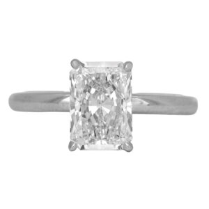 New 14k white gold solitaire engagement ring set with a 2.01 carat lab-grown radiant diamond.