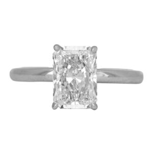 New 14k white gold solitaire engagement ring set with a 2.01 carat radiant lab-grown diamond.