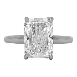 New 14k white gold solitaire engagement ring set with a 3.99 carat radiant lab-grown diamond.
