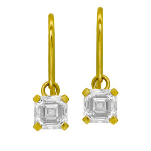 New 14k yellow gold earrings set with 2.03 carats of asscher lab-grown diamonds.