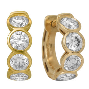 New 14k yellow gold huggie hoop earrings set with 1.98 carats of round brilliant lab-grown diamonds.