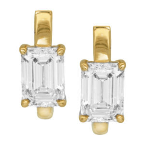New 14k yellow gold huggie hoop earrings set with 2.04 carats of lab-grown emerald cut diamonds.