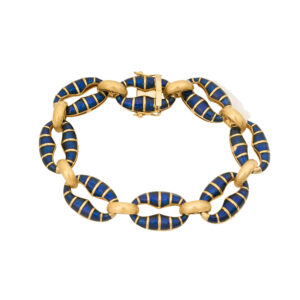 Vintage 18k yellow gold oval link bracelet with blue enamel.