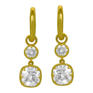 New 14k yellow gold drop earrings set with 2.02 carats of cushion lab-grown diamonds plus 0.39 carats of round brilliant lab-grown diamonds.