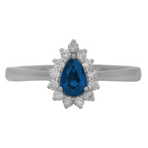 New 18k white gold halo ring set with a 0.50 carat pear sapphire and 0.18 carats of round brilliant earth-mined diamonds.