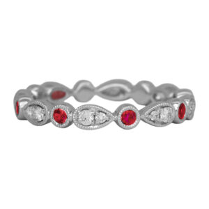 New 14k white gold scalloped band set with 0.12 carats of round brilliant earth-mined diamonds plus 0.15 carats of round brilliant rubies.