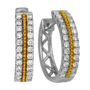 New 14k white and yellow gold three-row huggie hoop earrings set with 0.44 carats of round brilliant earth-mined diamonds plus a beaded center.
