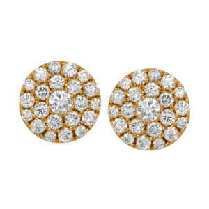 New 14k yellow gold round cluster earrings set with 0.81 carats of round brilliant earth-mined diamonds.