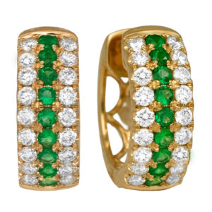 New 14k yellow gold three-row huggie hoop earrings set with 0.65 carats of round brilliant earth-mined diamonds and 0.32 carats of round brilliant emeralds.