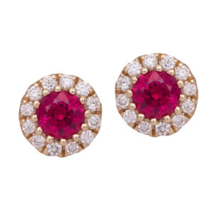 New 14k white gold earrings set with 0.46 carats of round brilliant rubies plus a halo of 0.12 carats of round brilliant earth-mined diamonds.