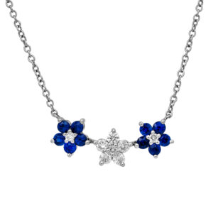 New 14k white gold three-flower station necklace set with 0.29 carats of round brilliant earth-mined diamonds and 0.61 carats of round brilliant blue sapphires, 18".