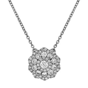 New 18k white gold flower halo necklace set with 0.78 carats of round brilliant earth-mined diamonds on an 18" chain.