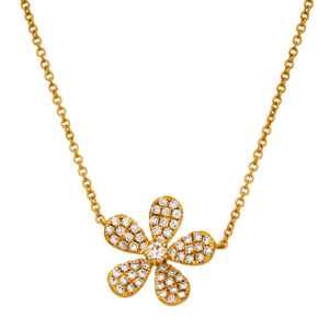 New 14k yellow gold flower pendant set with 0.55 carats of round brilliant earth-mined diamonds on an 18" cable chain.