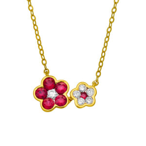 New 14k yellow gold flower necklace set with 0.41 carats of round brilliant rubies plus 0.15 carats of round brilliant earth-mined diamonds on an 18" chain.