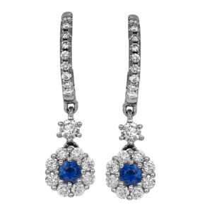 New 18k white gold halo earrings set with 0.26 carats of round brilliant blue sapphires plus 0.60 carats of round brilliant earth-mined diamonds.