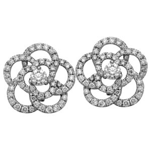 New 18k white gold flower earrings set with 1.11 carats of round brilliant earth-mined diamonds.
