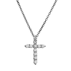 New 14k white gold cross pendant set with 0.49 carats of round brilliant earth-mined diamonds on an 18" cable chain.
