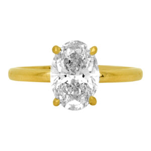 New 14k yellow gold solitaire engagement ring set with a 2.05 carat lab-grown oval diamond.
