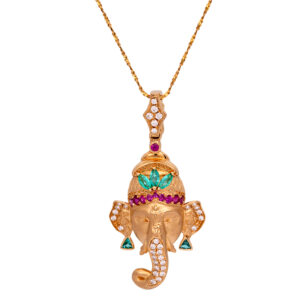 New 18k yellow gold Judy Mayfield Ganesh pendant set with 0.16 carats of trillion and marquise Paraiba tourmalines plus 0.39 carats of round brilliant earth-mined diamonds and round brilliant rubies plus a diamond bail.