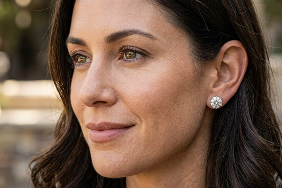 a close up image of a woman wearing diamond stud earrings.