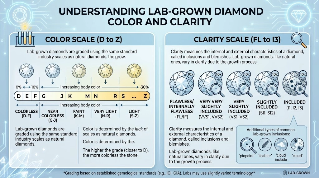 a graphic chart visually explaining the different color scales of diamonds (D to Z) and the different clarity scales (FL to I3)