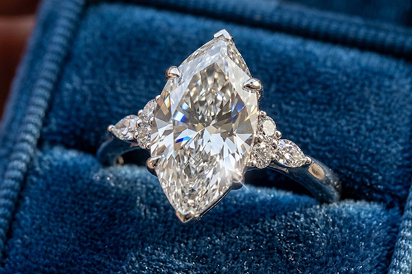a close up image of a lab-grown marquise diamond engagement ring in a blue velvet ring box.