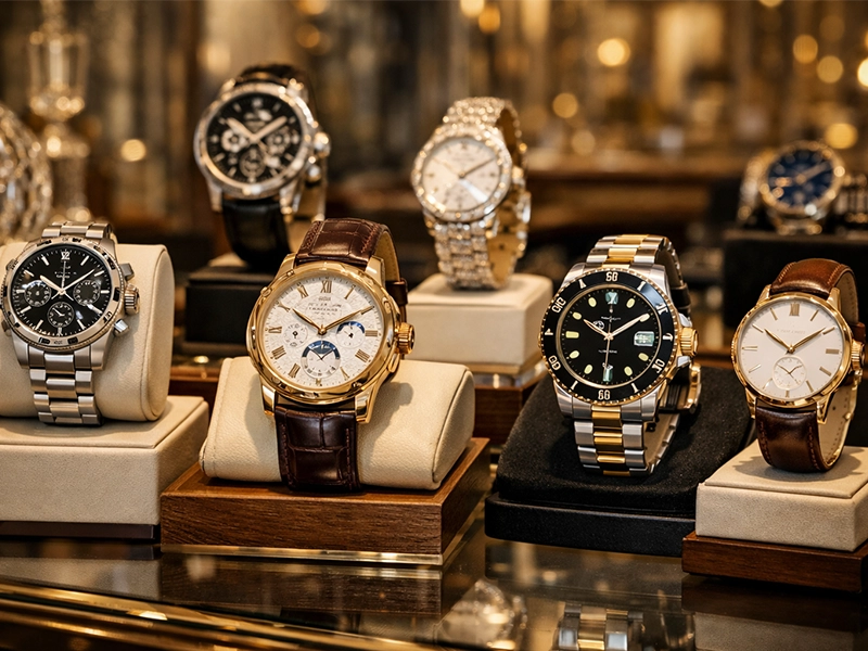 a close-up image of various luxury watches displayed elegantly in a boutique setting