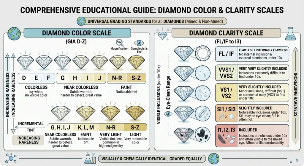 a graphic chart visually explaining the different color scales of diamonds (D to Z) and the different clarity scales (FL to I3)