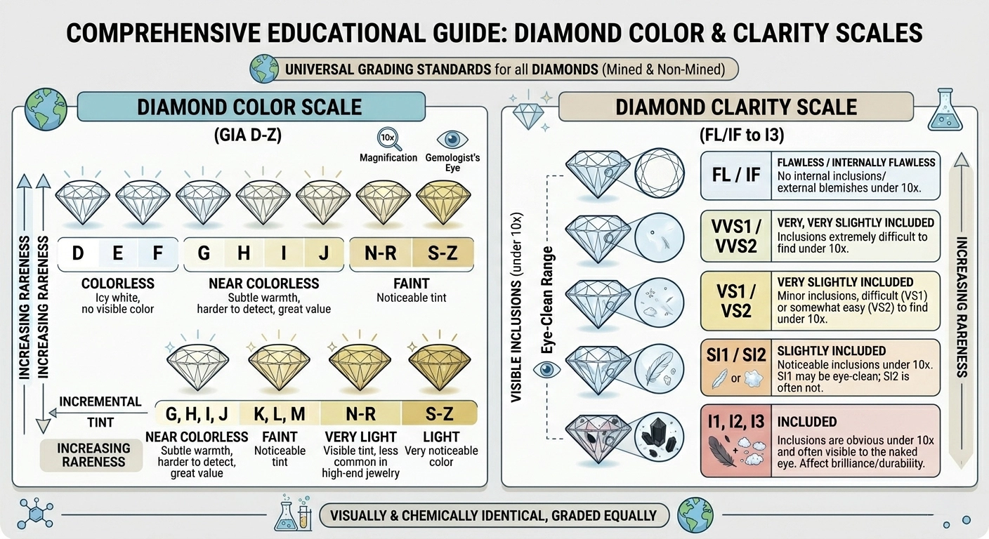 a graphic chart visually explaining the different color scales of diamonds (D to Z) and the different clarity scales (FL to I3)