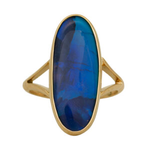 Vintage 14k yellow gold ring set with a 6.12 carat oval black opal.