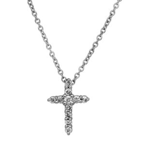 Vintage 14k white gold mini cross cable chain necklace set with 0.20 carats of round brilliant earth-mined diamonds.