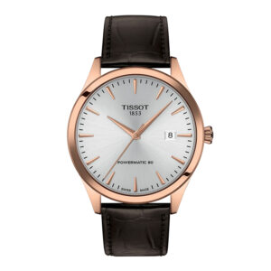 New Tissot Classic Dream watch, 40mm in rose gold PVD with a silver dial, sapphire crystal, dark brown leather strap, tang buckle, and quartz movement.