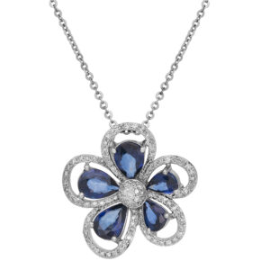 Vintage 14k white gold Effy Flower pendant set with 3.20 carats of pear blue sapphires plus 0.90 carats of round brilliant earth-mined diamonds.