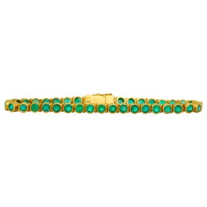 Vintage 18k yellow gold tennis bracelet set with 4.00 carats of round brilliant emeralds.