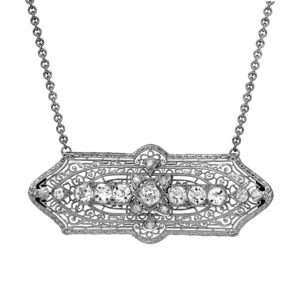 Antique 14k white gold filigree necklace set with 2.00 carats of old European cut earth-mined diamonds on an 18" cable chain.