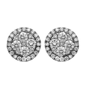 Vintage 18k white gold circle cluster halo earrings set with 0.53 carats of round brilliant earth-mined diamonds.