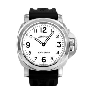 Pre-owned Panerai Luminor Base watch, 44mm in stainless steel with a white dial, black leather strap, tang buckle, exhibition case back, and manual wind movement, with box.