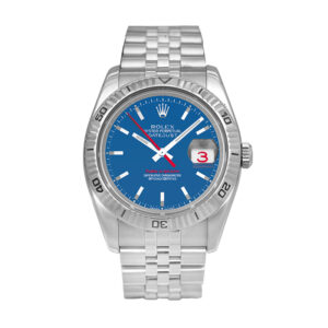 Pre-owned Rolex Datejust Thunderbird watch, 36mm in stainless steel with a blue dial, sapphire crystal, Turn-O-Graph bezel, Jubilee bracelet, folding clasp, and automatic movement.