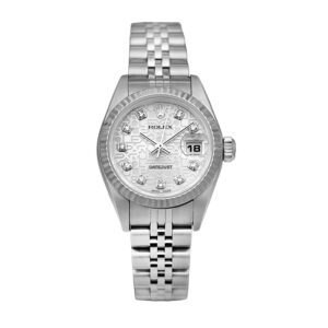 Pre-owned Rolex Datejust watch, 26mm in stainless steel with a silver Jubilee diamond dial, 18k white gold fluted bezel, sapphire crystal, Jubilee bracelet, foldover buckle, and automatic movement, with papers and hang tag.