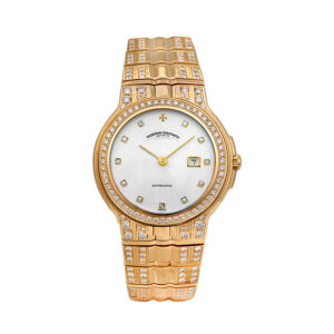 Pre-owned Vacheron Constantin Phidias watch in 18k yellow gold with a white diamond dial, diamond bezel, sapphire crystal, 18k yellow gold diamond bracelet, folding clasp, and automatic movement.