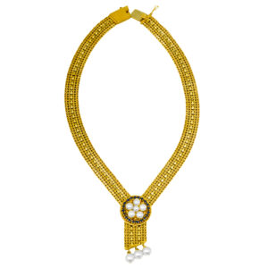 Vintage 18k yellow gold necklace set with pearls plus round brilliant sapphires on a 16" woven chain.